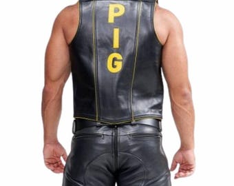 Gilet in pelle nera e gialla con muscoli di maiale per uomo, gilet da bar gay, BLUF Gear fatto a mano