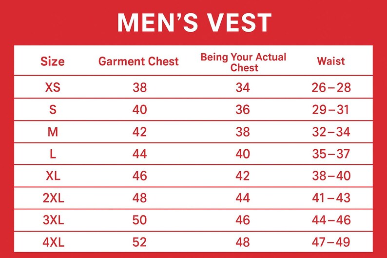 Pu&ograve; includere: Sfondo rosso con testo bianco che recita "MEN'S VEST". Sotto, una tabella delle taglie elenca le taglie dalla XS alla 4XL, con le corrispondenti misure del torace del capo, del torace reale e della vita in centimetri. La tabella &egrave; progettata per aiutare i clienti a trovare la taglia giusta del gilet.