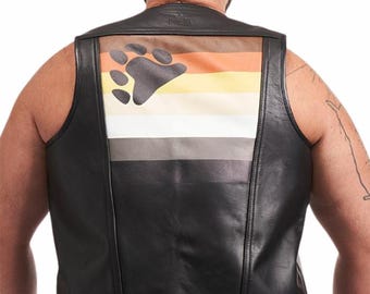 Gilet in pelle con bandiera Bear Pride, gilet in pelle da bar per uomini gay, attrezzatura fatta a mano