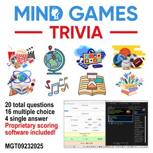 以下が含まれることがあります： 青と赤で「MIND GAMES TRIVIA」という言葉が入ったクイズゲームのグラフィック。映画、地球儀、音楽、スポーツ、本を表すアイコンが含まれています。テキストには「合計20問、16の多肢選択問題、4つの単一回答、独自の採点ソフトウェアが含まれています！」と書かれています。