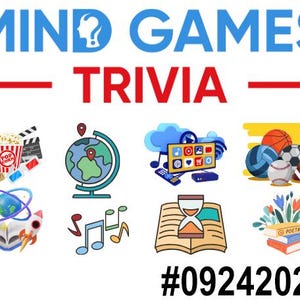 以下が含まれることがあります： 青と赤で「MIND GAMES TRIVIA」という文字が入ったグラフィック。地球儀、スポーツボール、テレビ画面など、クイズのカテゴリーを表すさまざまなアイコンが画像に表示されています。画像には番号「#09242025」も含まれています。