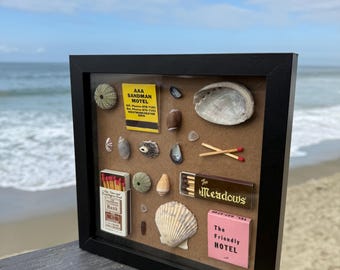Seashell Shadow Box, Sea Glass, Vintage Matchbooks, Coastal Wall Art (8x8)