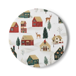 Winter Village Deer pattern Ceramic Coaster | Holiday Snowy Houses