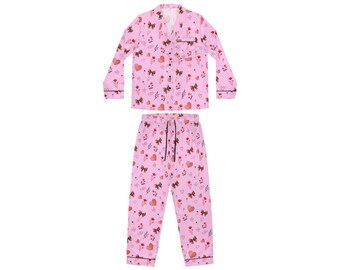 Womens Satin Pajamas Pink Heart & Floral Pattern, Valentine Sleepwear Set