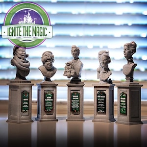 May include: Five gray busts of characters on pedestals. Each bust is labeled with a name: Berth, Aunt Florence, Uncle Jacob, The Twins, and Cousin Maude. The Ignite the Magic Design Co. logo is in the upper left corner.
