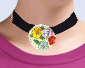 Ribbon Choker Necklace, Toho Seed Bead Floral Design | with Bracelet | Earrings