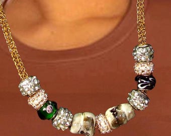 Crocheted Golden Bronze Wire Called Viking Knit Stitch, With Eleven Accent Beaded Beads, Single Strand Necklace | Bracelet