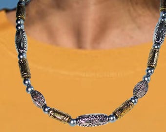 Beaded Pewter Metal | Single Strand Necklace | Two Pair Earrings