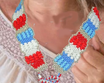 Red, White and Blue Peyote Stitch, Beadwork Necklace and Earrings,  Toho Brand Seed Bead,