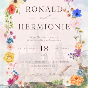 May include: A wedding invitation featuring the names "RONALD" and "HERMIONIE" in elegant typography, surrounded by a floral border. The invitation includes the date "WEDNESDAY 18 DECEMBER 2030" and the time "THREE O'CLOCK IN THE AFTERNOON".