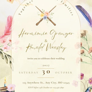 May include: Wedding invitation featuring the names Hermione Granger & Ronald Weasley. The design includes crossed wands, flowers, feathers, and a golden snitch. The date is Saturday, October 30, 2027.
