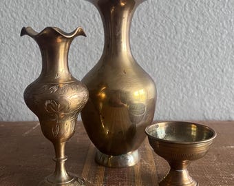 Vintage Etched Solid Brass Vase Set, Boho Indian Decor
