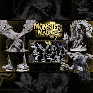 May include: A collection of grey fantasy monster miniatures titled Monster Madness Vol 7. The set includes various creatures with wings, scales, and sharp features, displayed in a promotional graphic with a dark background and gold text.