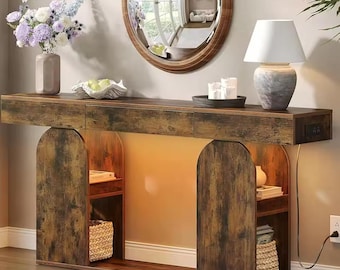 Mesa consola de madera maciza, soporte de recibidor de madera hecho a mano con 2 cajones de almacenamiento ocultos, mesa auxiliar de estilo rústico moderno y orgánico.