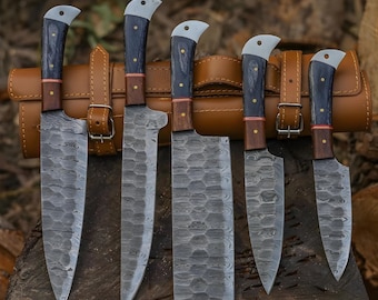 Juego de cuchillos de acero de Damasco forjados a mano – Cuchillos de chef con funda de cuero
