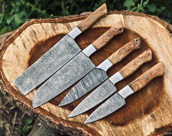 Cuchillos de chef de acero de Damasco forjados a mano: mango de madera exótica, funda de cuero (juego de 5 piezas)