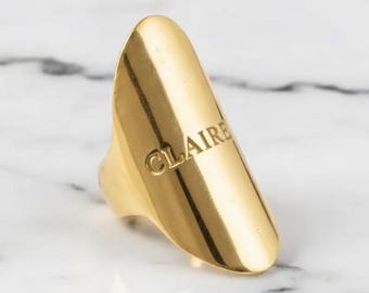 Long Silver Shield Ring Modern Statement Ring Polished Finger Armor Jewelry Sleek Minimalist Cuff Ring Chunky Wide Band Gift for Her
