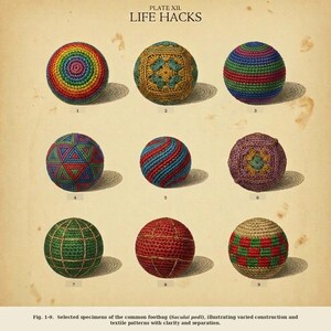 May include: A vintage-style chart titled PLATE XII LIFE HACKS featuring nine crocheted footbags numbered 1 through 9. The spheres display diverse patterns including rainbow gradients, geometric triangles, floral motifs, and checkered designs in various colors.