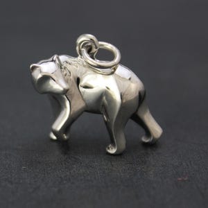 May include: A silver-colored pendant in the shape of a bear. The bear is depicted in a walking pose, with a loop at the top for attaching to a chain. The pendant has a polished, reflective surface.