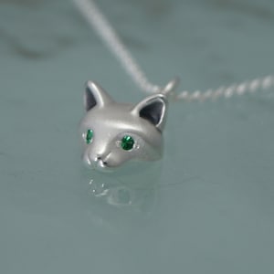 forest cat pendant in silver pick your eye color image 1