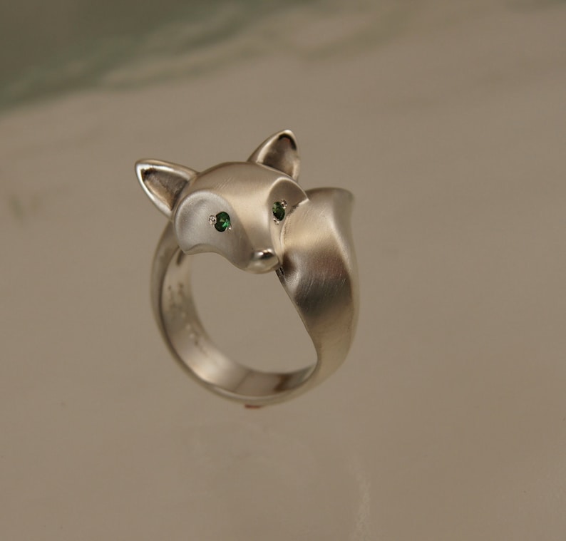 fox ring . satin finish. silver. colored stone eyes. image 1
