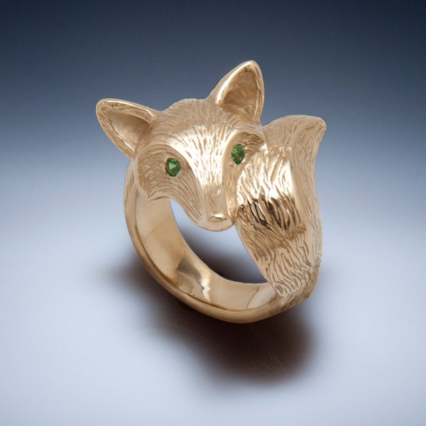 FURRED fox ring, bronze ,colored stone eyes