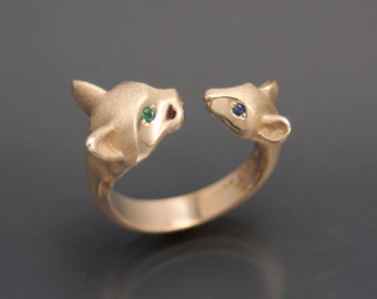 Cat  and mouse ring , bronze