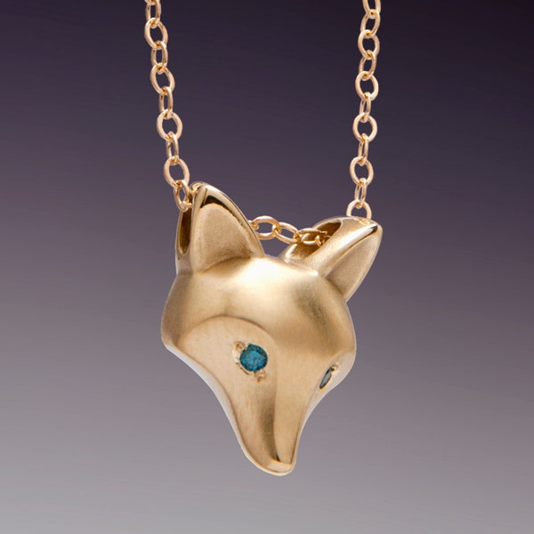 fox pendant ,  bronze. diamond eyes. pick your eye color, gold filled chain
