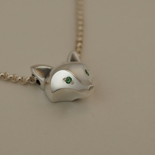 silver fox pendant . gemstone eye color, HIGH POLISHED.with chain