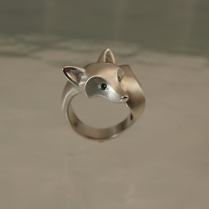 fox ring . satin finish. silver. colored stone eyes. image 3