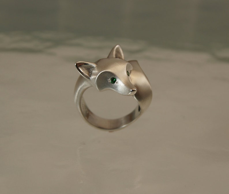 fox ring . satin finish. silver. colored stone eyes. image 3