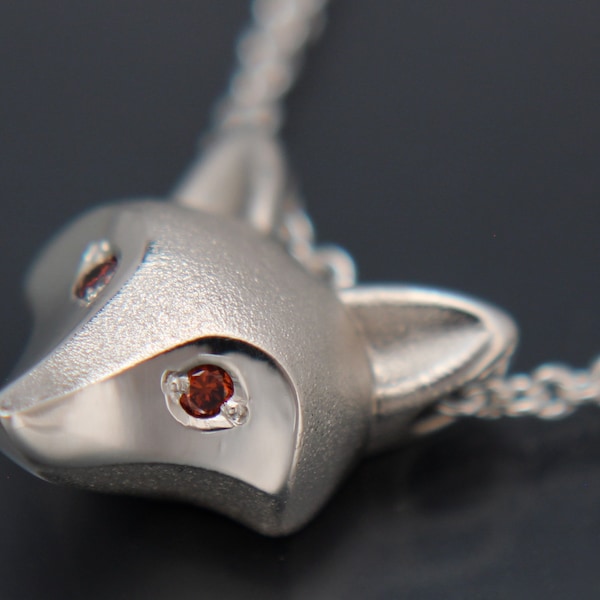 fox head  pendant , sterling silver  diamond eyes