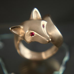14 k GOLD fox ring  with colored stone eyes (or choose from  colored diamonds), bright satin finish