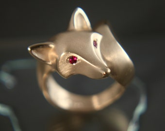 14 k GOLD fox ring  with colored stone eyes (or choose from  colored diamonds), bright satin finish