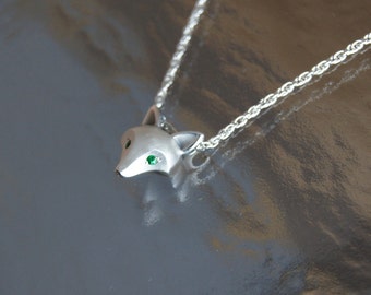 fox head pendant, sterling silver with colored stone eyes.   SATIN finish,