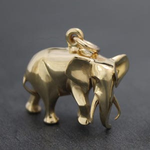 May include: A gold-colored elephant pendant with a ring at the top for attaching to a chain. The elephant is depicted in a walking pose, with detailed features including tusks, ears, and legs. The pendant has a polished, reflective surface.