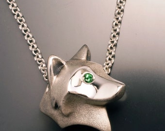 shaggy wolf  silver pendant.   pick your eye color