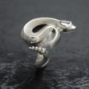 May include: A silver ring featuring a stylized, abstract design. The ring's focal point is a rounded, swirling shape with a small, detailed element at the base. The ring has a polished, reflective surface.