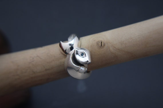 Sea Otter and Wave Ring With Pearl and Diamond Eyes