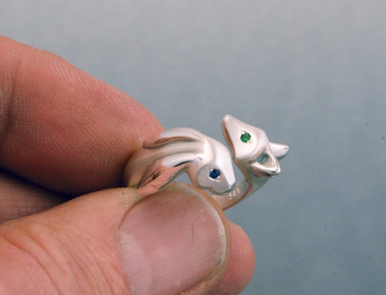 fox and bunny ring . silver , various eye colors image 3