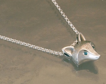 FURRED fox head pendant, silver with diamonds ( pick your color)