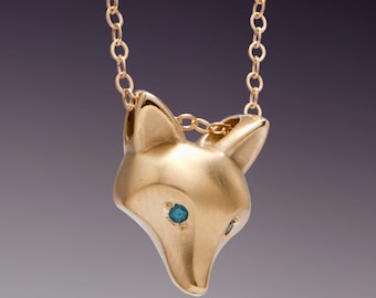 14 k GOLD fox pendant  ,royal blue DIAMOND eyes ( or pick a color),  14k gold   chain  18"