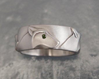 silver wolf band with diamond eyes.  pick your color