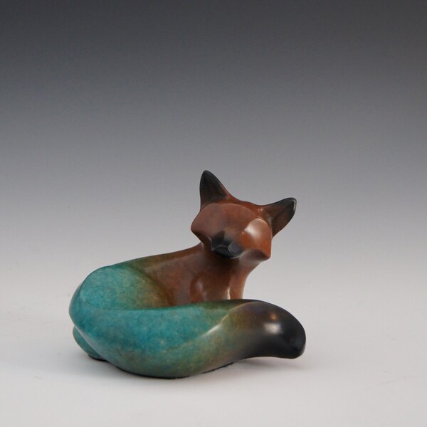 SALE -30% now 770,  laying fox bronze,   rust/ turquois patina  with head up, 43/200