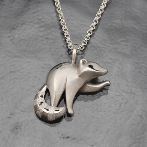May include: A silver-colored raccoon pendant necklace. The pendant is a detailed, three-dimensional design of a raccoon with its tail curled. The necklace chain is also silver. The background is a dark, textured surface.