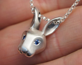 silver bunny pendant , pick your eye color