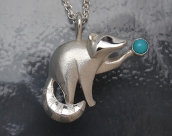 Raccoon pendant , silver, turqouise