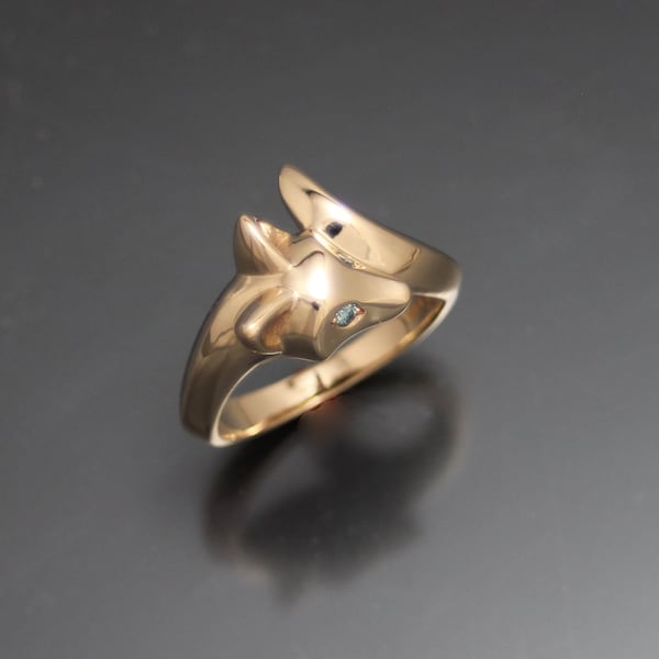 Anel de raposinha em ouro 14k com olhos de diamante coloridos.