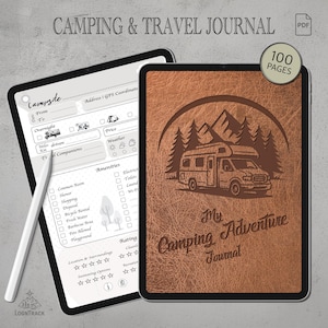 Op de afbeelding: Een digitaal kampeer- en reisdagboek op een tablet. Het dagboek heeft een bruine, lederlook cover met een camper illustratie en de tekst "My Camping Adventure Journal". Het scherm toont een kampeerlogboek met diverse velden.