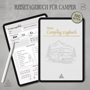 Könnte beinhalten: Zwei digitale Tablets mit einem Camping-Logbuch. Ein Tablet zeigt eine detaillierte Camping-Checkliste, während das andere den Titel "Mein Camping Logbuch" mit einer Wohnmobil-Illustration zeigt. Das Logbuch hat 100 Seiten.